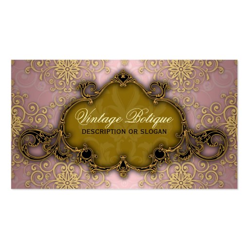 Fancy Damask Pink and Gold Botique Business Card (front side)