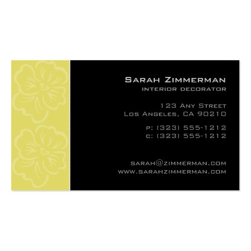 Fancy Floral Lemon Yellow Business Card (back side)