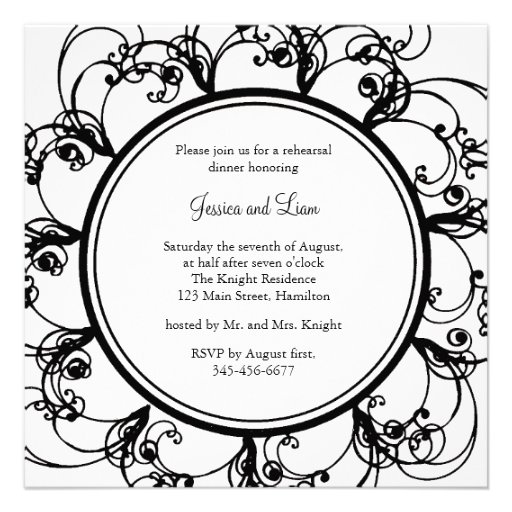 Fancy Floral Rehearsal Dinner Invitation (bl/wh) (front side)