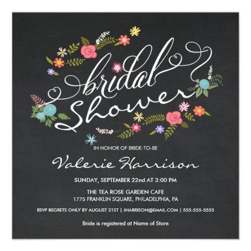 Fancy Floral Wreath Chalkboard Bridal Shower Announcements