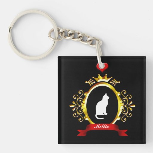 Fancy Gold Frame Red Heart Ribbon Cat Silhouette Acrylic Keychains