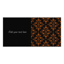 Fancy Orange and Black Damask Custom Photo Card