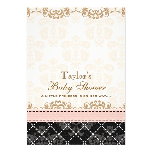 Fancy Pink and Black Damask Carriage Baby Shower Card