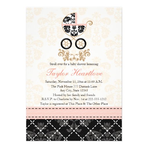 Fancy Pink and Black Damask Carriage Baby Shower Card