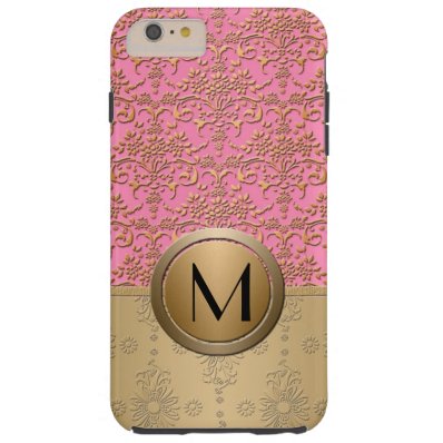 Fancy Pink and Gold Monogram Damask Pattern Tough iPhone 6 Plus Case