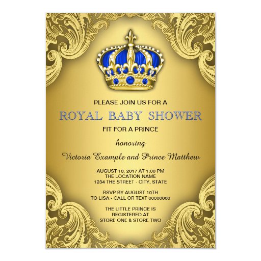 Fancy Prince Baby Shower Blue and Gold Custom Invitations