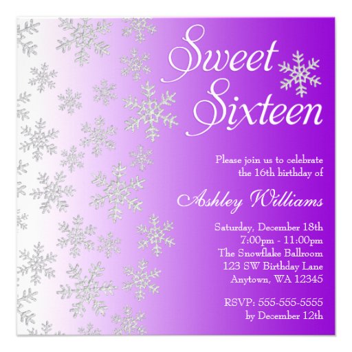 Fancy Purple Snowflakes Winter Wonderland Sweet 16 Custom Announcements