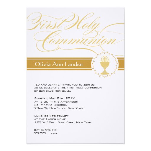 Fancy Script First Communion Invitations  |  Gold