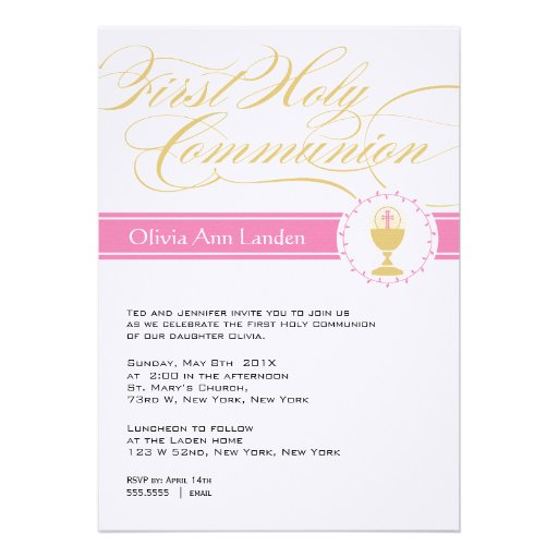 Fancy Script First Communion Invitations  |  Pink