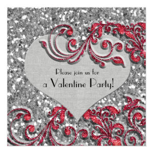 Fancy Silver Glitter Heart Valentine Invitation