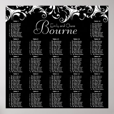 Fancy Swirl Black Damask Reception Seating Chart Poster