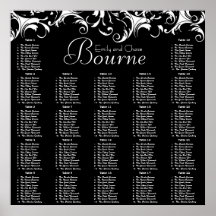 Fancy Swirl Black Damask Reception Seating Chart Poster