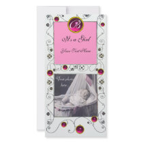 FANCY SWIRLS BABY GIRL  MONOGRAM ,ruby white Customized Photo Card