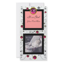 FANCY SWIRLS BABY GIRL MONOGRAM ,ruby white Custom Photo Card