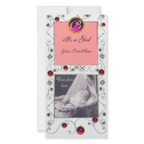 FANCY SWIRLS BABY GIRL  MONOGRAM ,ruby white Custom Photo Card