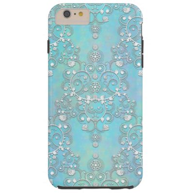 Fancy Teal Blue and Aquamarine Lacy Damask Floral Tough iPhone 6 Plus Case
