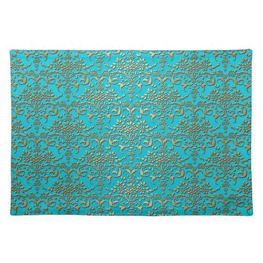 Fancy Turquoise Gold Damask Pattern Cloth Placemat Zazzle