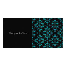 Fancy Turquoise over Black Damask Photo Greeting Card