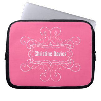 Fancy white frame with your name on pink laptop sleeves