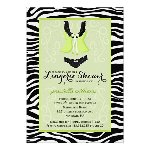 Fancy Wild Lime Zebra Lingerie Shower Bachelorette Personalized Invitations