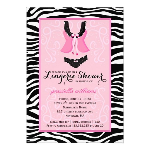 Fancy Wild Pink Zebra Lingerie Shower Bachelorette Personalized Invites