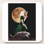 fantasy art, woman , moon ,  and snow leopard coasters