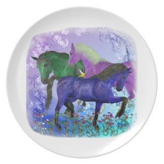 Fantasy coloured horses with yellow bird design plate