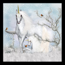 Fantasy Unicorns With Robins Wall Poster posters