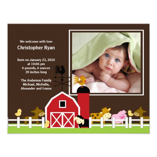 Farm Animal Baby Boy Birth Photo Announcement (front side)