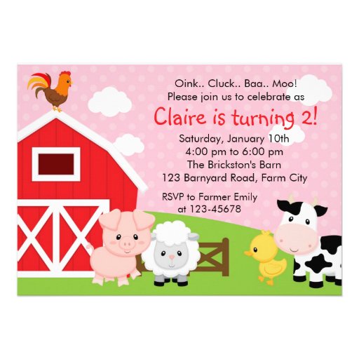 Farm Birthday Invitation - Girl (Pink) - Barnyard (front side)