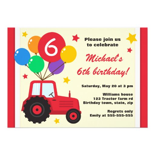 Farm tractor with balloons kids birthday party personalized invitations