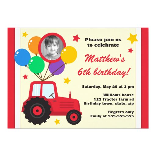 Farm tractor with balloons kids birthday photo personalized announcement