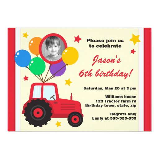 Farm tractor with balloons kids birthday photo invitation
