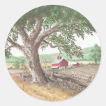 Farm with red barn round sticker