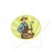 Farmer With Garden Hoe And Basket Crop Harvest Stickers