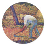 Farmer With Hoe By Seurat Georges Round Stickers