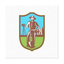 Farmer With Spade Windmill Farm Barn Retro Stretched Canvas Print