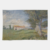 Farmhouse in a wheat field Kitchen Towel