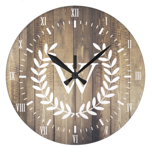 Farmhouse White Numerals Monogram Laurels Wood Large Clock