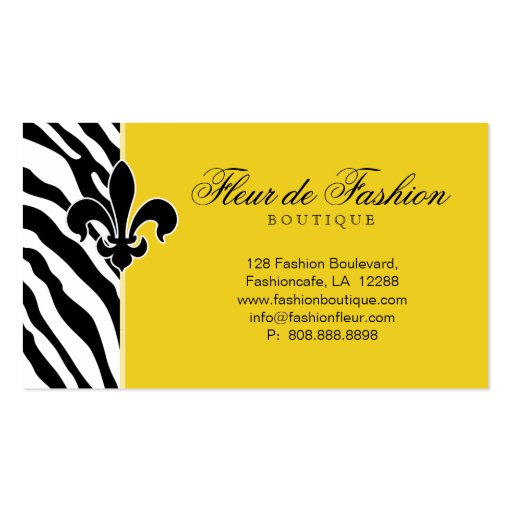 Fashion Business Card Fleur de lis zebra yellow (back side)