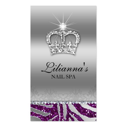 Fashion Crown Salon Spa Silver Purple Crystal Business Card Templates (front side)
