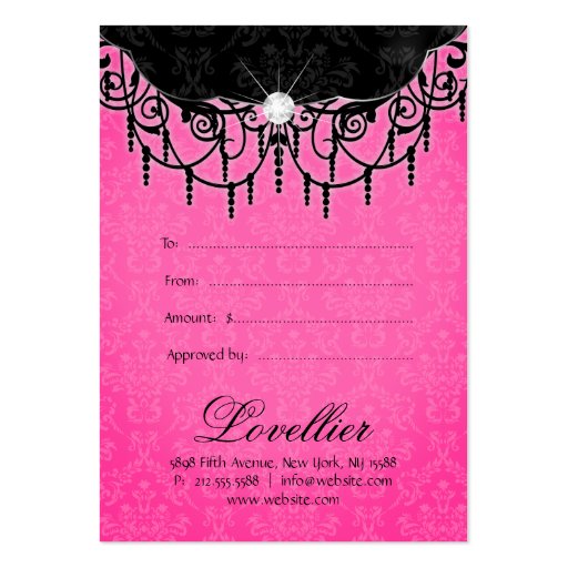 Fashion Damask Jewelry Gift Certificate Pink Black Business Card Template (back side)