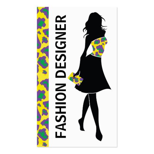 Fashion designer girl yellow purple panther print business card templates (front side)