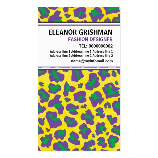 Fashion designer girl yellow purple panther print business card templates (back side)