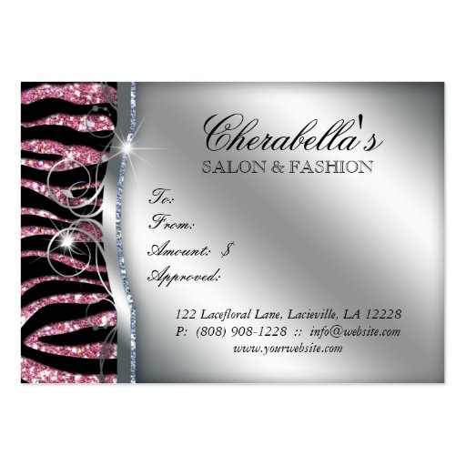 Fashion Gift Card Salon Zebra Glitter Black Pink Business Cards (back side)