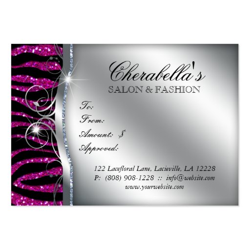 Fashion Gift Card Salon Zebra Glitter Silver Pink Business Card Template (back side)