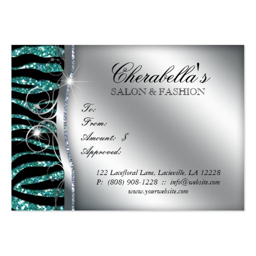 Fashion Gift Card Salon Zebra Glitter Silver Teal Business Card Templates (back side)