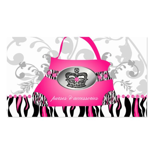 Fashion Handbag Crown Purse Pink Zebra Floral 2 Business Card Templates (front side)