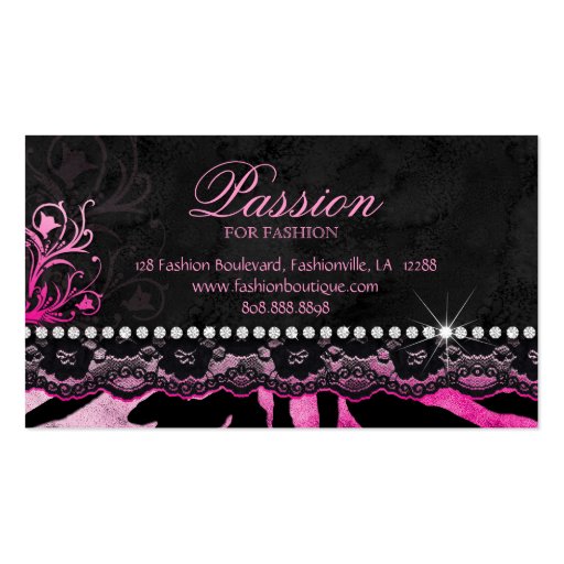 Fashion Handbag Rose Purse Pink Lace Zebra Business Card Template (back side)