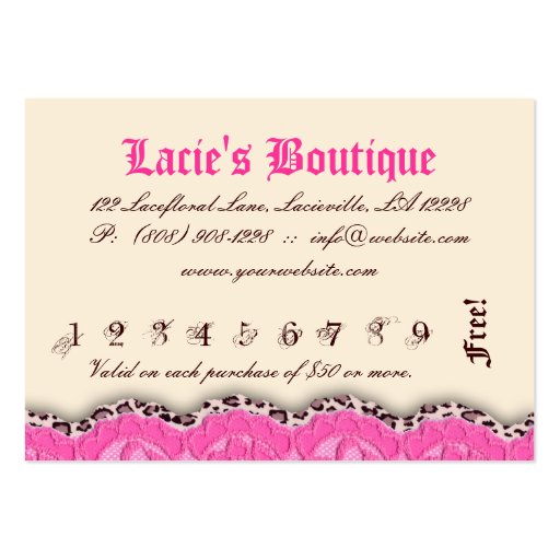 Fashion Jewelry Club Card Lace Leopard Pink Cream Business Card Templates (back side)